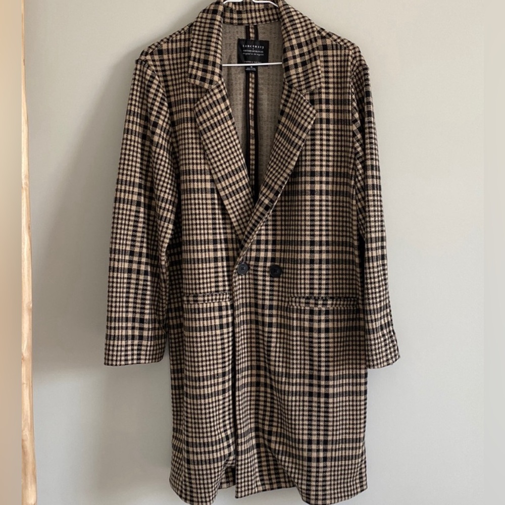 NEW Anthropologie Sanctuary Tan + Black Plaid Longline Coat Sz XXS NWT